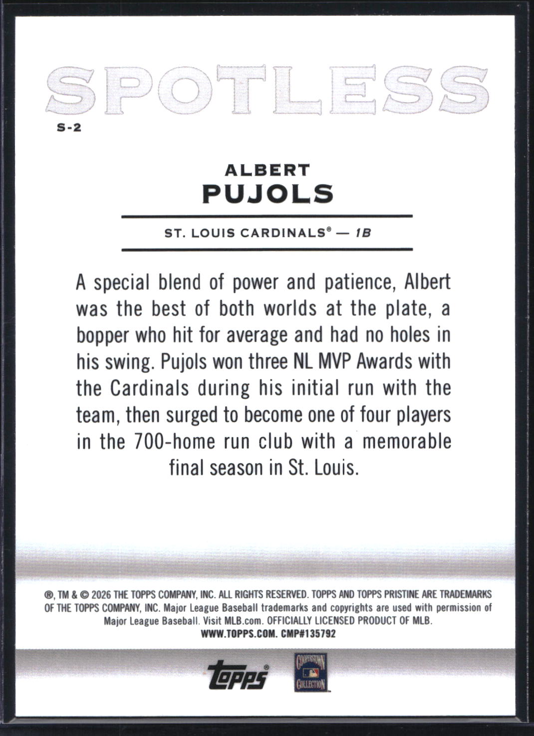 2026 Topps Pristine #S-2 Albert Pujols Spotless