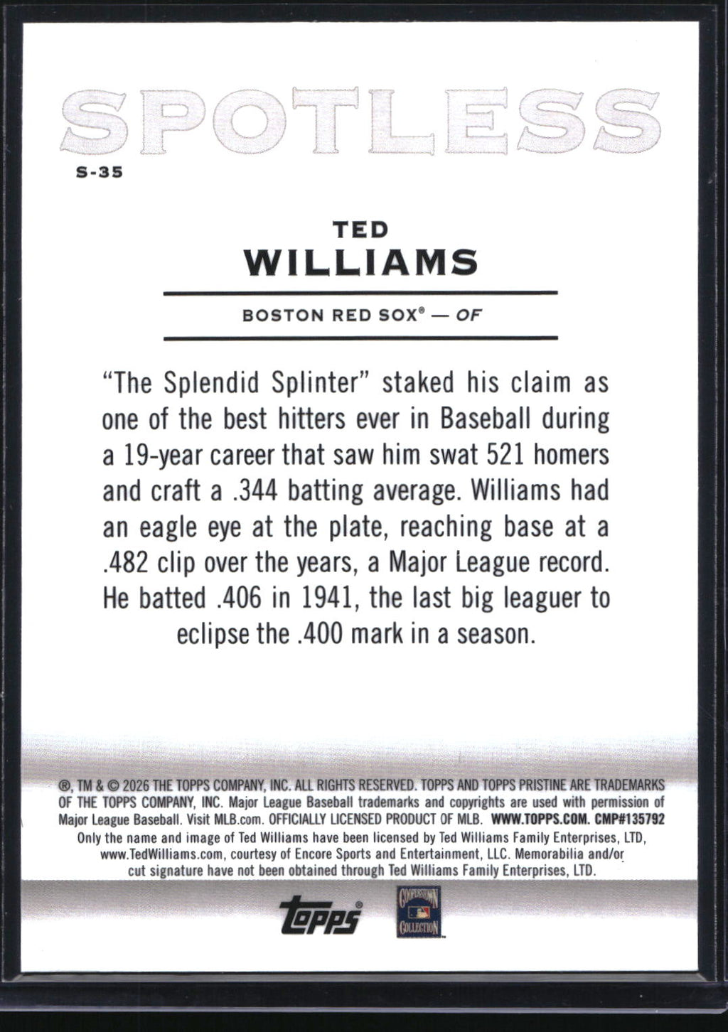 2026 Topps Pristine #S-35 Ted Williams Spotless