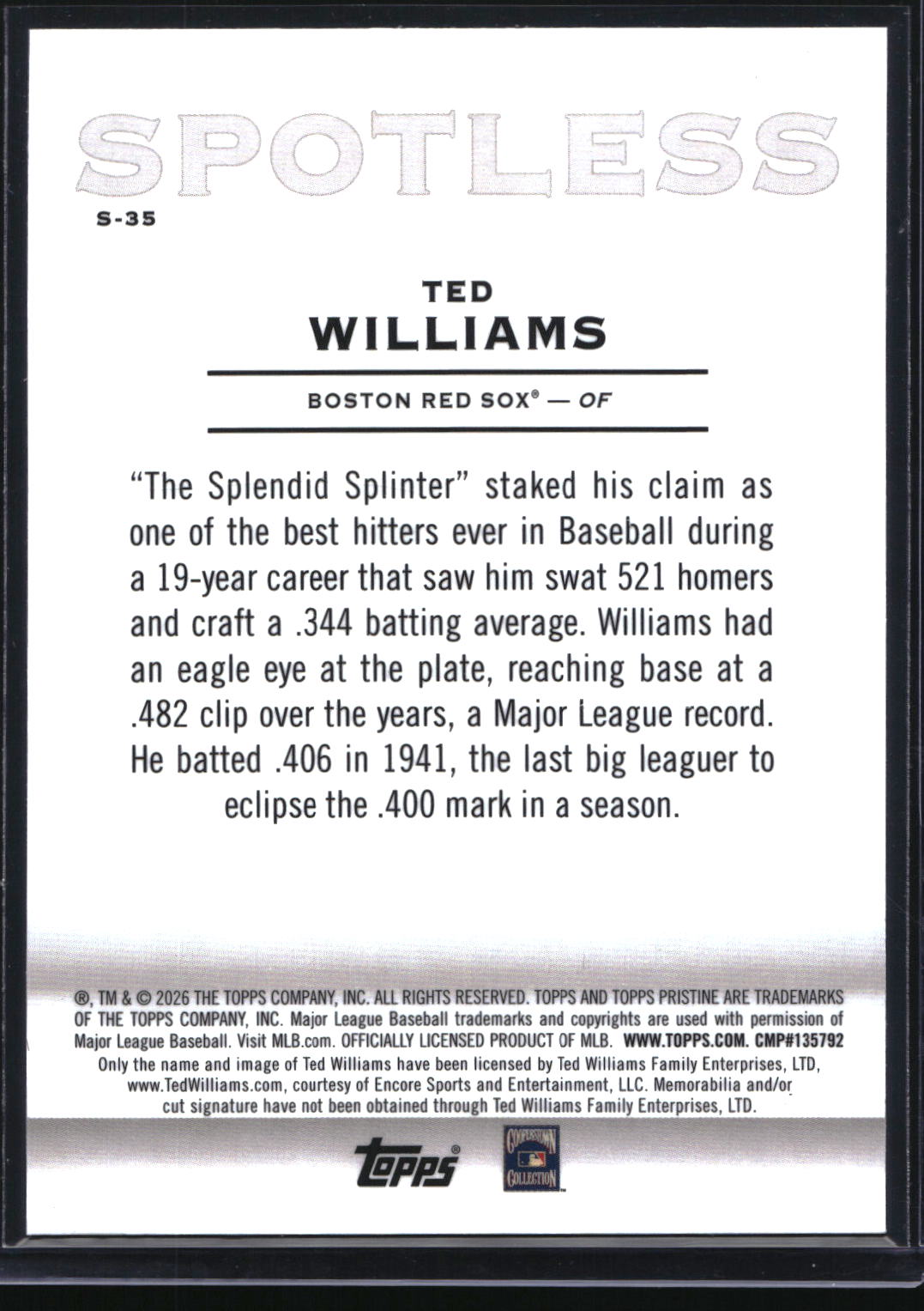 2026 Topps Pristine #S-35 Ted Williams Spotless