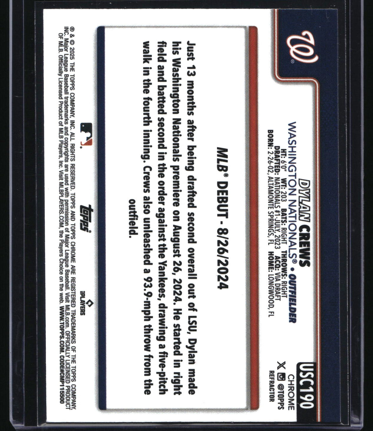 2025 Topps Chrome Update #USC190 Dylan Crews Refractor