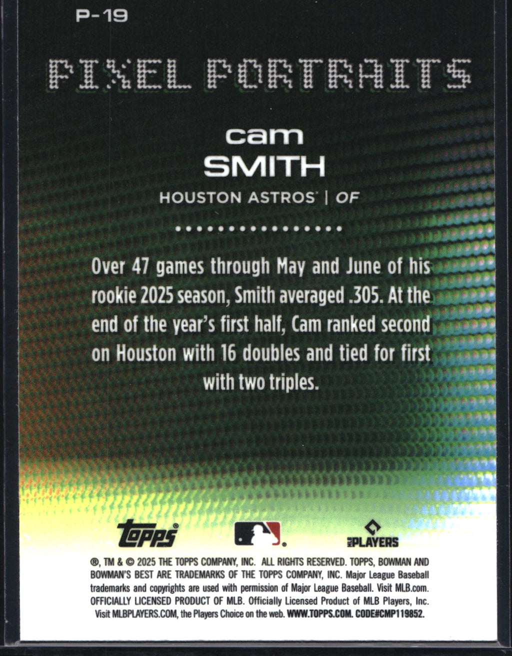 2025 Bowman's Best #P-19 Cam Smith Pixel Portraits
