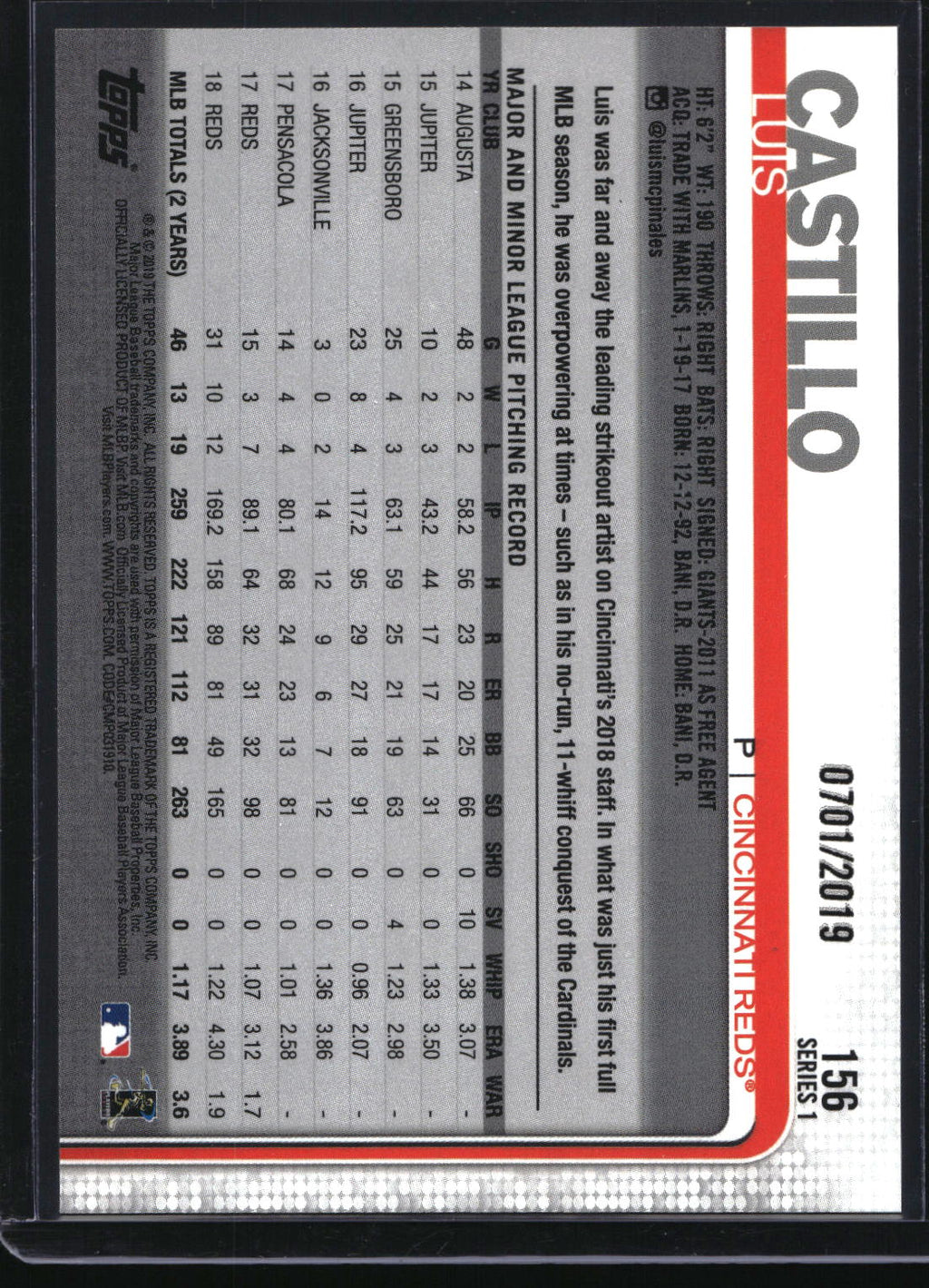 2019 Topps #156 Luis Castillo Gold #/2019