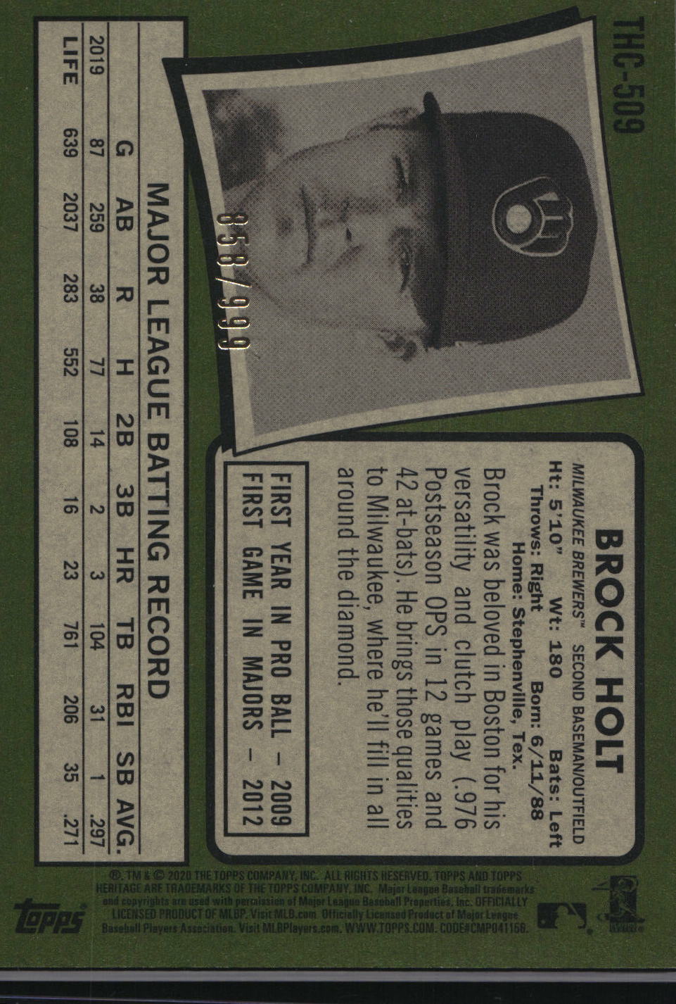 2020 Topps Heritage #THC-509 Brock Holt Chrome #/999