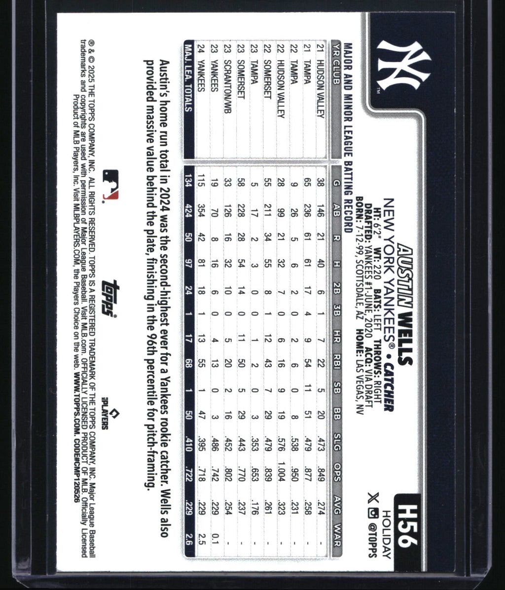 2025 Topps Holiday #H56 Austin Wells Blue Metallic Glitter Holiday