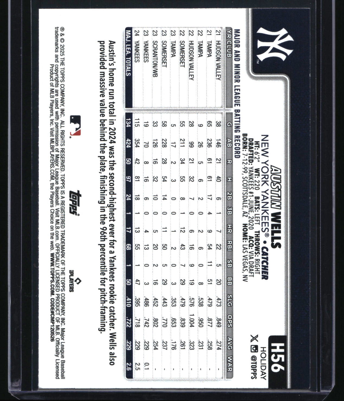 2025 Topps Holiday #H56 Austin Wells Blue Metallic Glitter Holiday