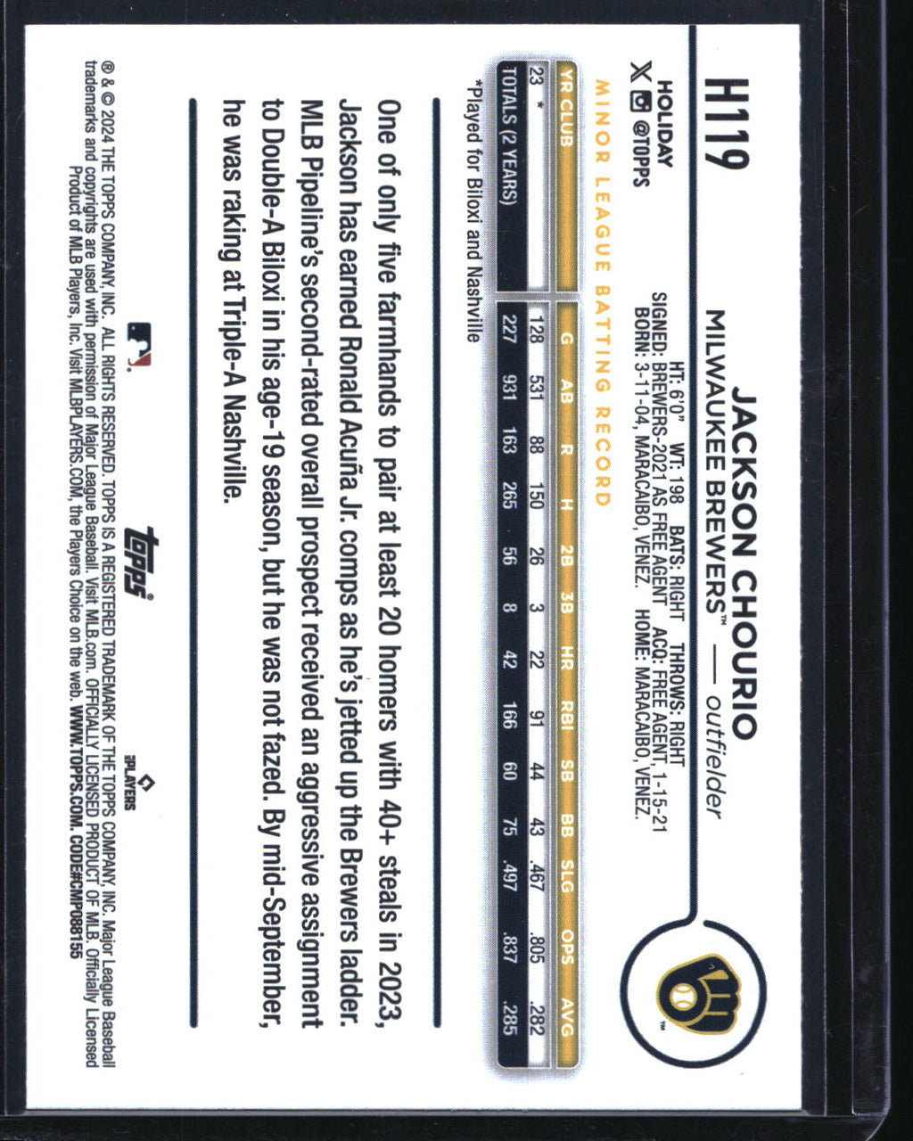 2024 Topps Holiday #H119 Jackson Chourio