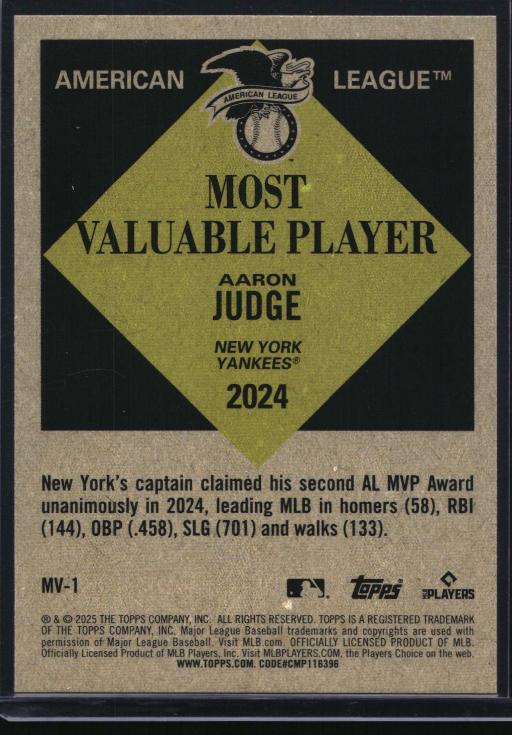 2025 Topps Update #MV-1 Aaron Judge Most Valuable