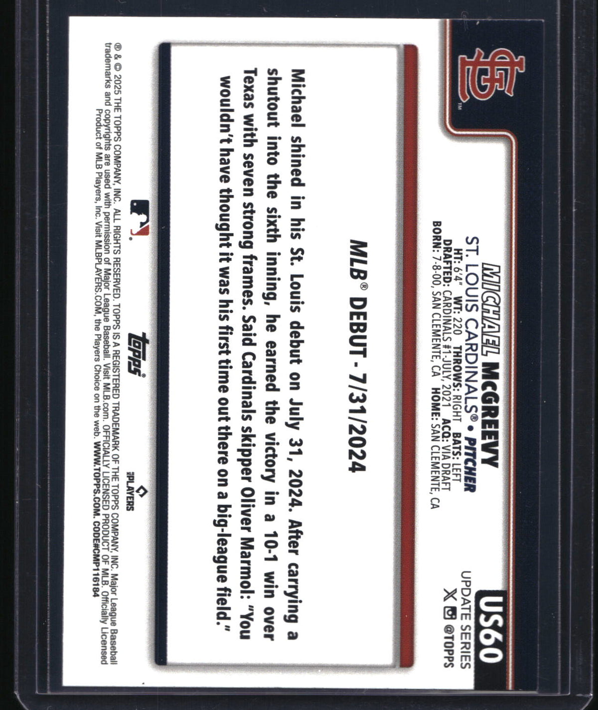 2025 Topps Update #US60 Michael McGreevy Sandglitter