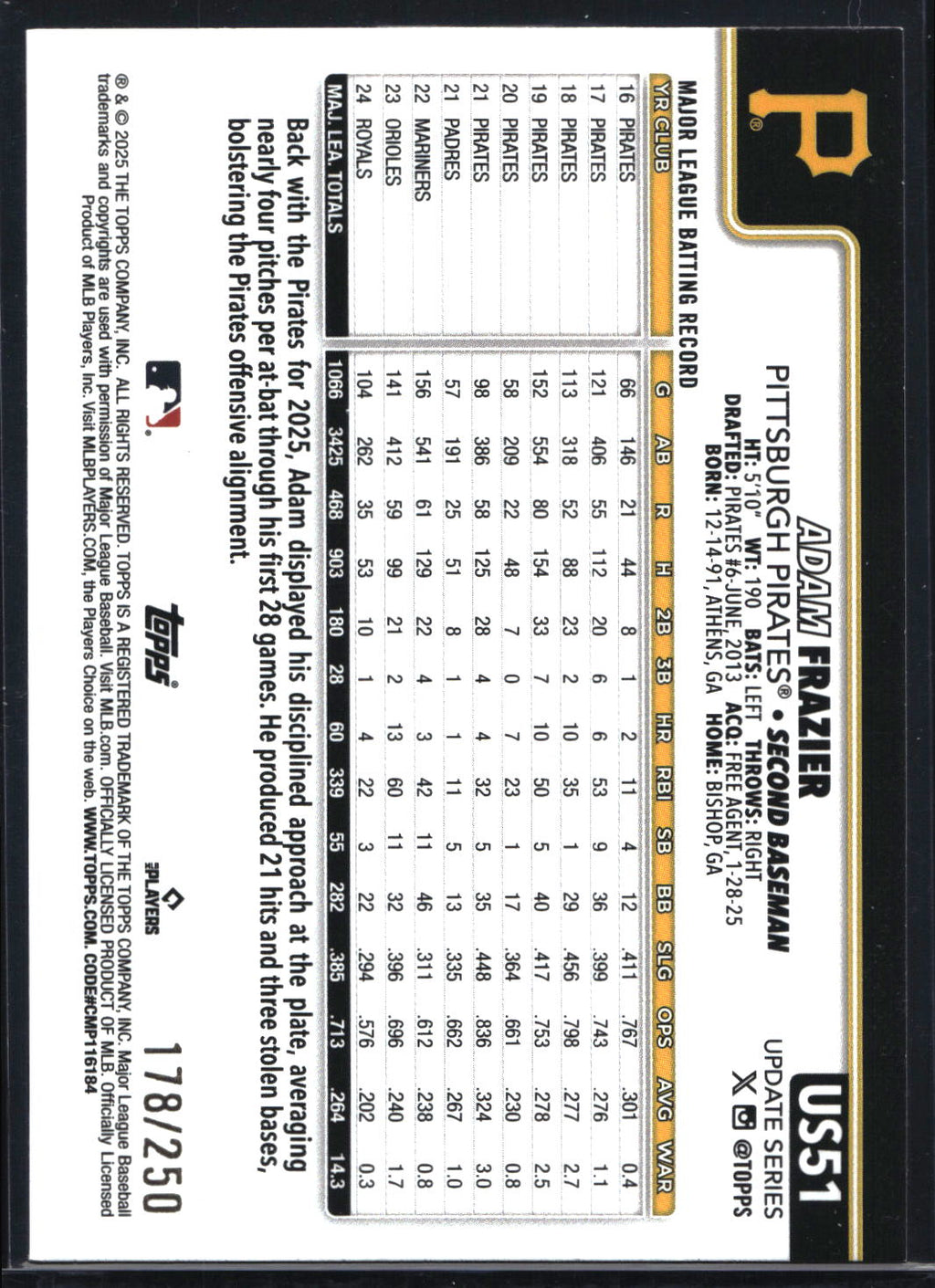 2025 Topps Update #US51 Adam Frazier Purple Rainbow Foil #/250
