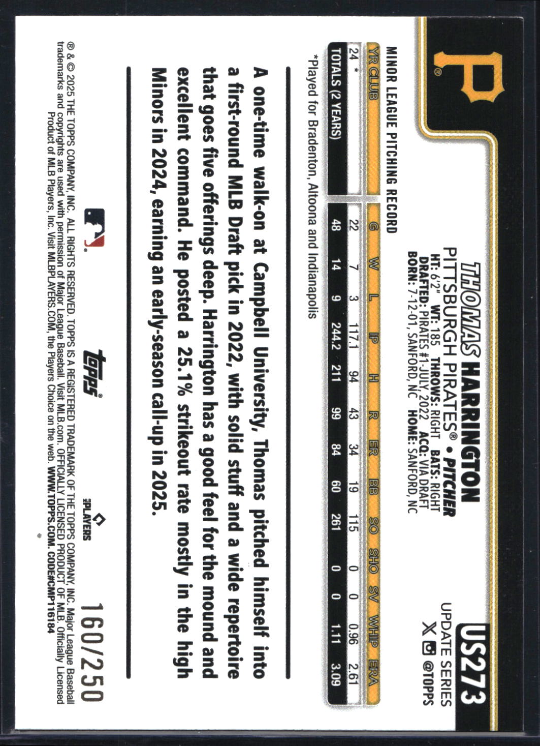 2025 Topps Update #US273 Thomas Harrington Purple Rainbow Foil #/250