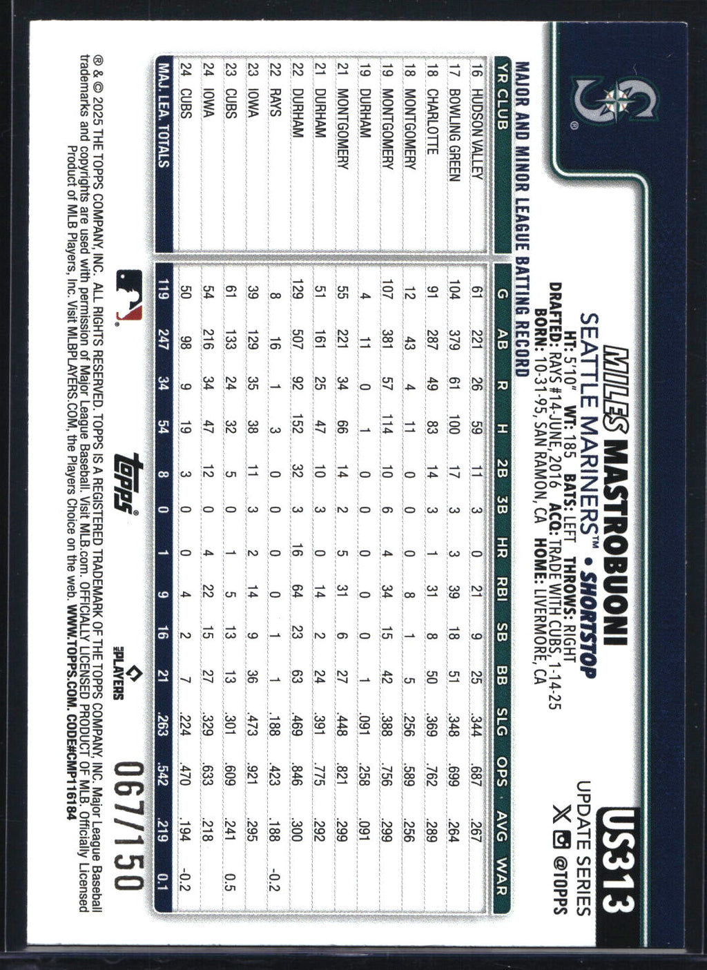 2025 Topps Update #US313 Miles Mastrobuoni Blue Rainbow Foil #/150