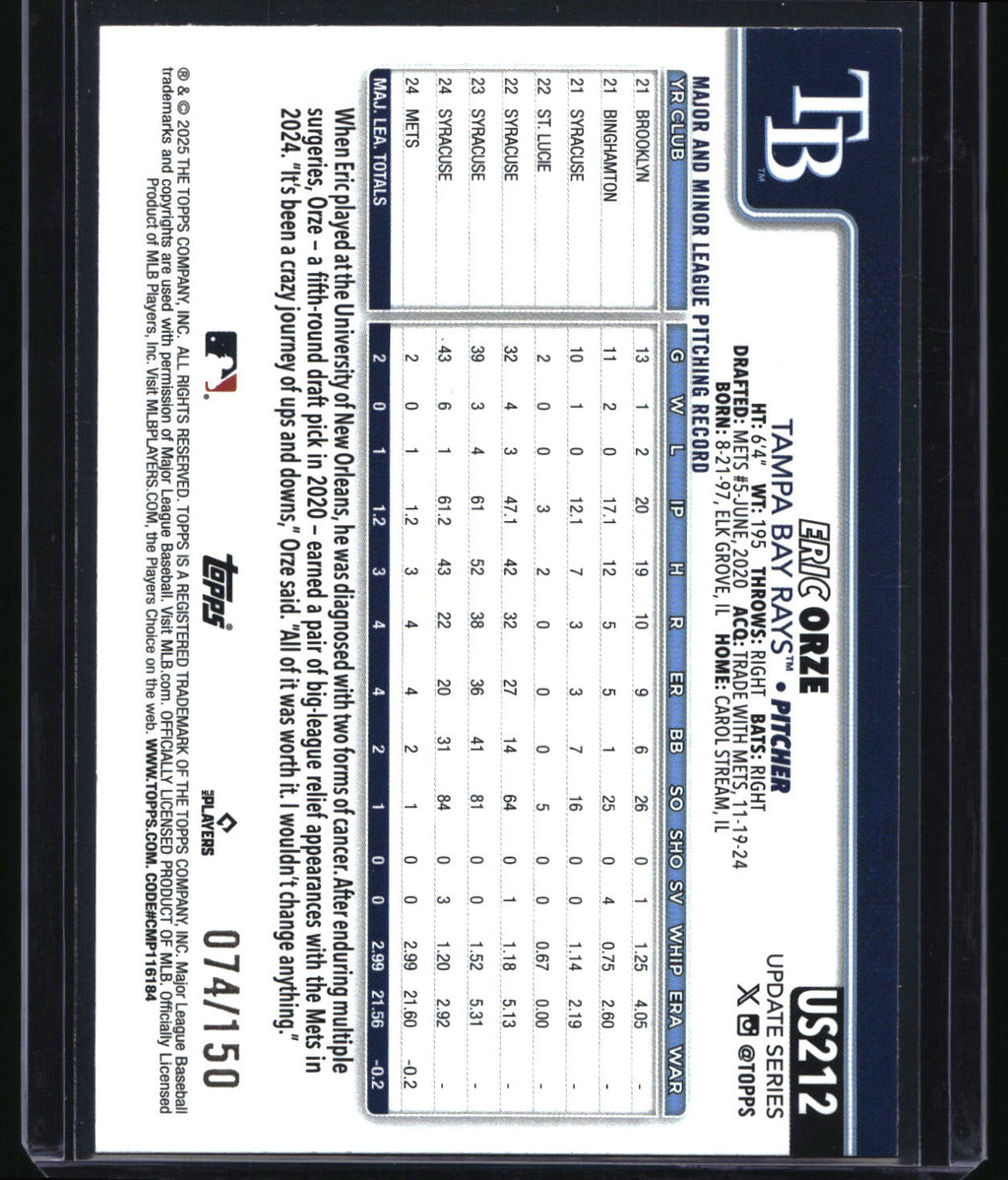 2025 Topps Update #US212 Eric Orze Blue Rainbow Foil #/150