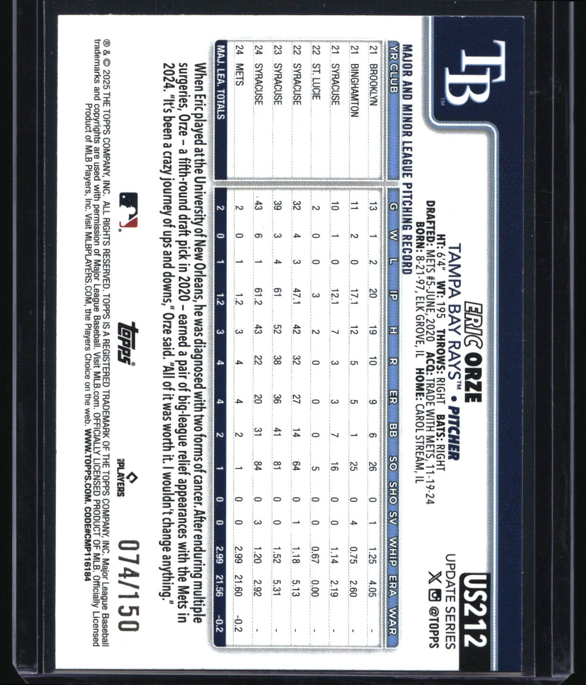 2025 Topps Update #US212 Eric Orze Blue Rainbow Foil #/150