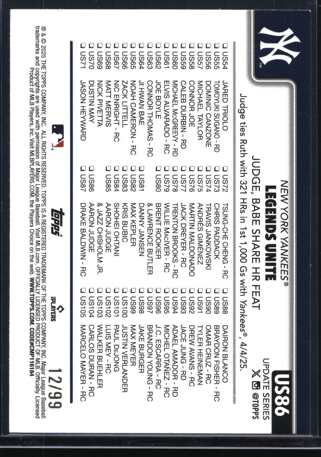 2025 Topps Update #US86 Aaron Judge Green Rainbow Foil #/99