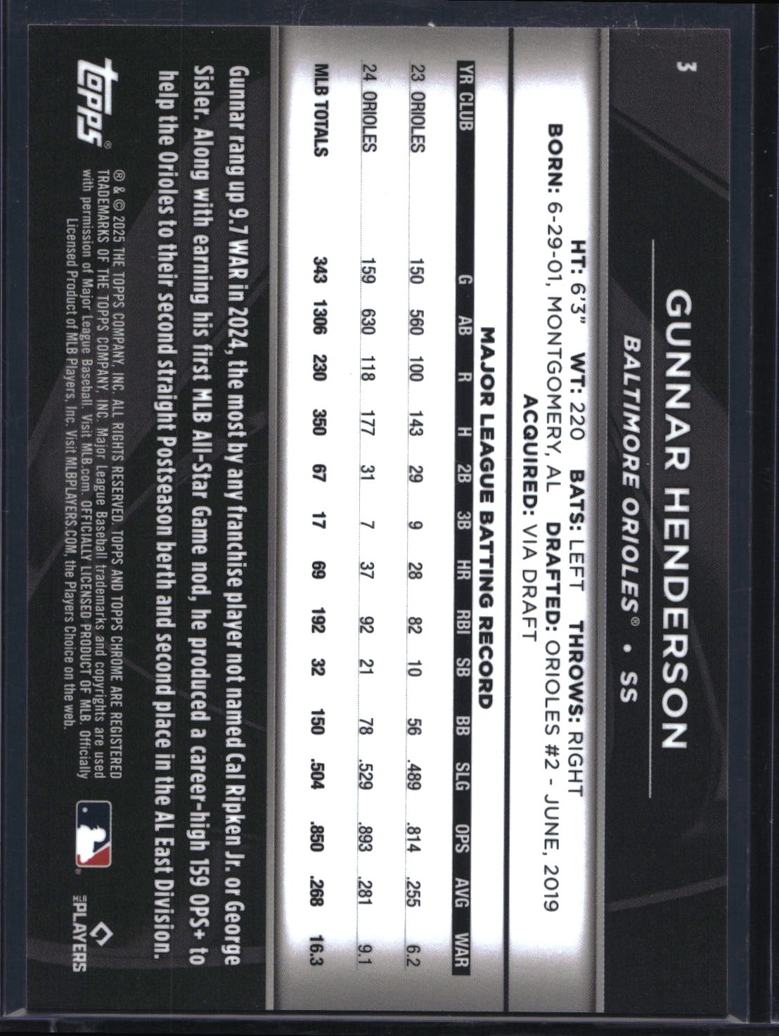 2025 Topps Chrome Black #3 Gunnar Henderson Purple Mini-Diamond Refractor #/75