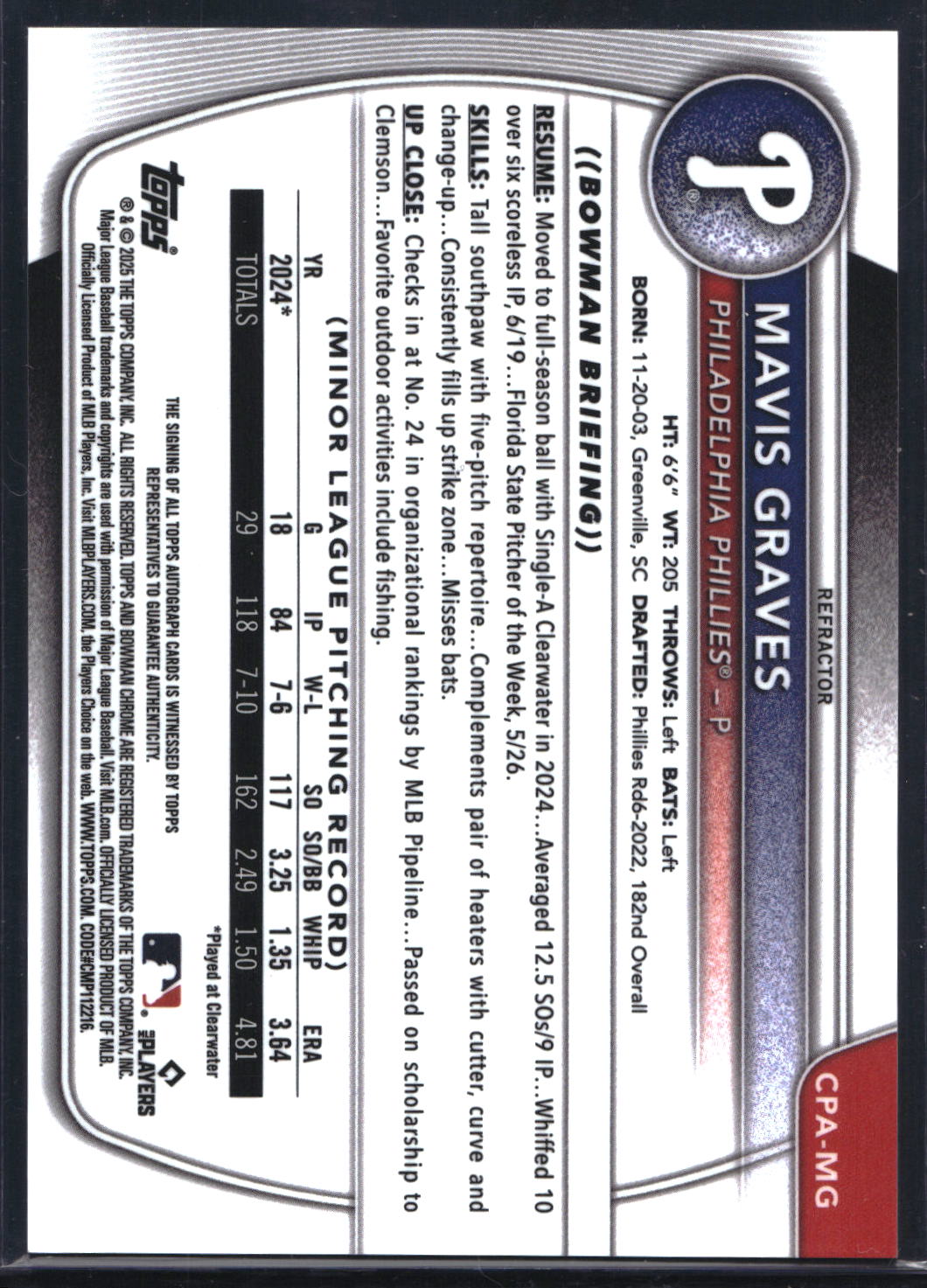 2025 Bowman Chrome #CPA-MG Mavis Graves Prospect Autographs Refractor #/499