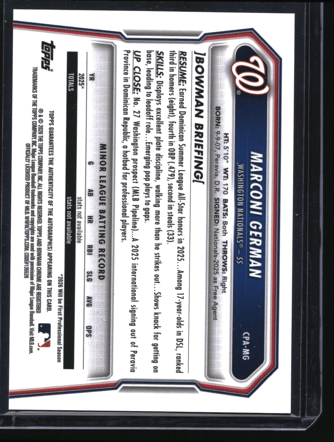 2026 Bowman #CPA-MG Marconi German Chrome Prospect Autographs