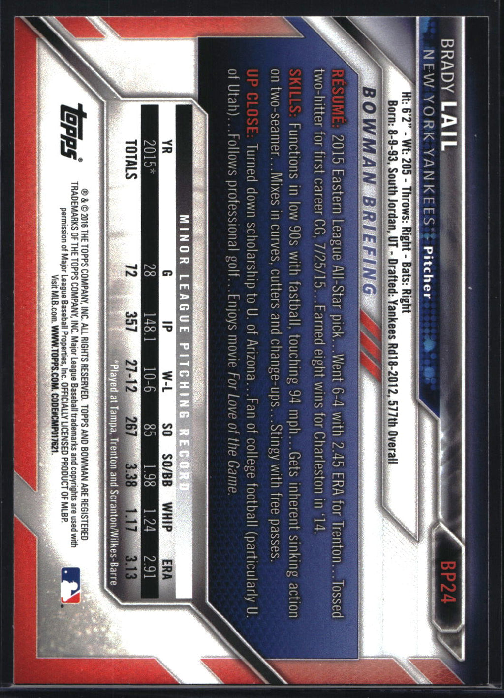 2016 Bowman #BP24 Brady Lail Prospects Yellow