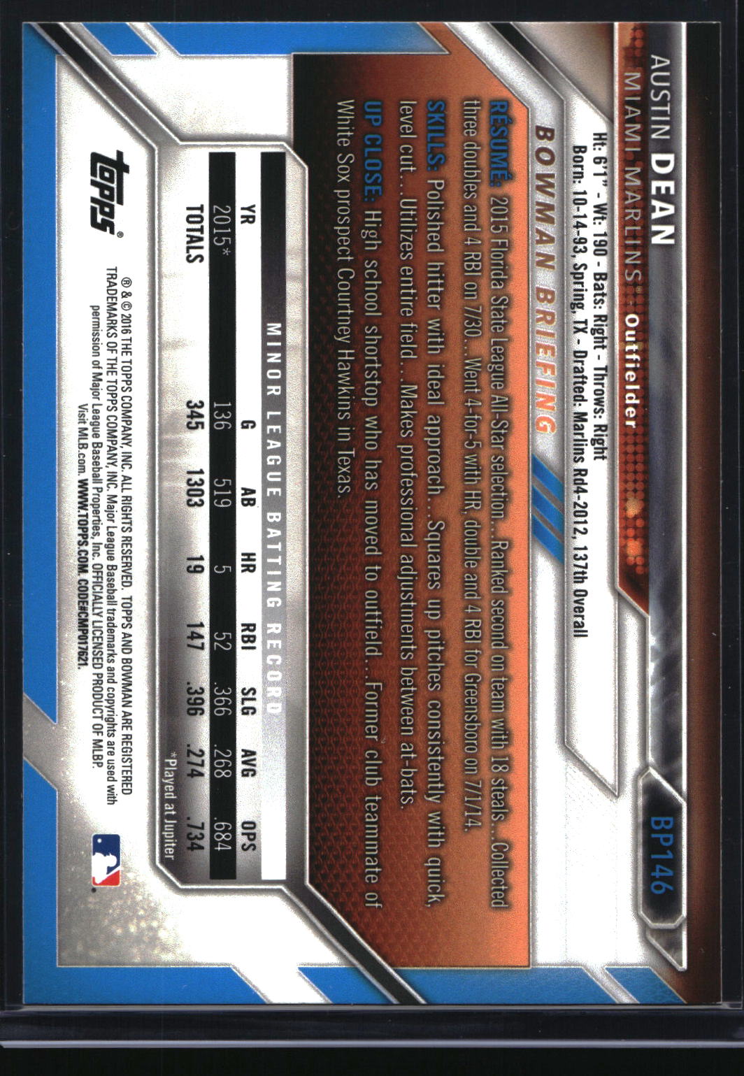 2016 Bowman #BP146 Austin Dean Prospects Yellow
