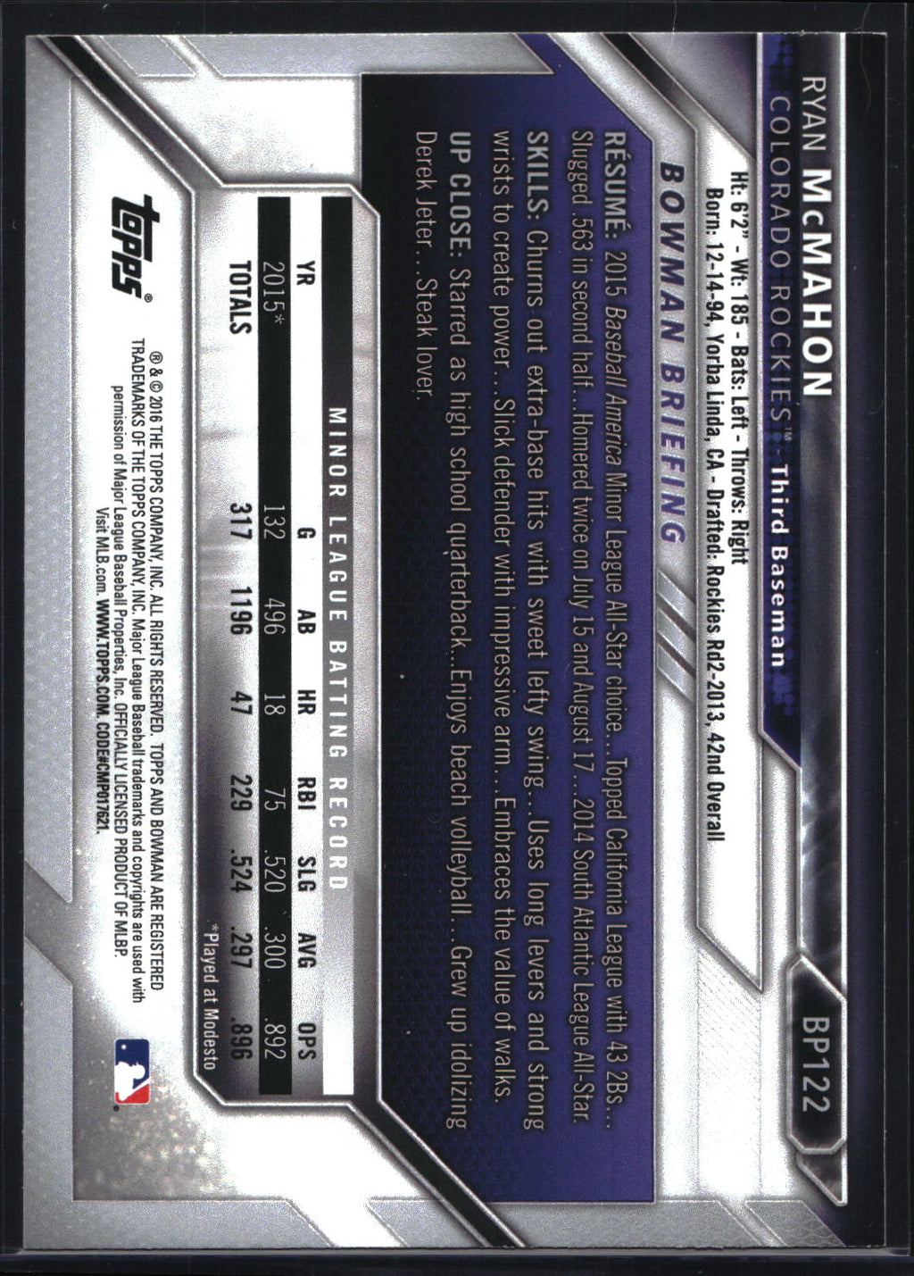 2016 Bowman #BP122 Ryan McMahon Prospects Yellow