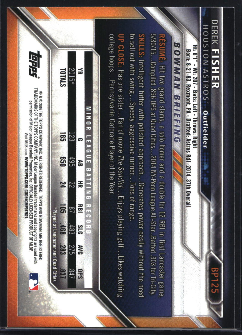 2016 Bowman #BP125 Derek Fisher Prospects Yellow