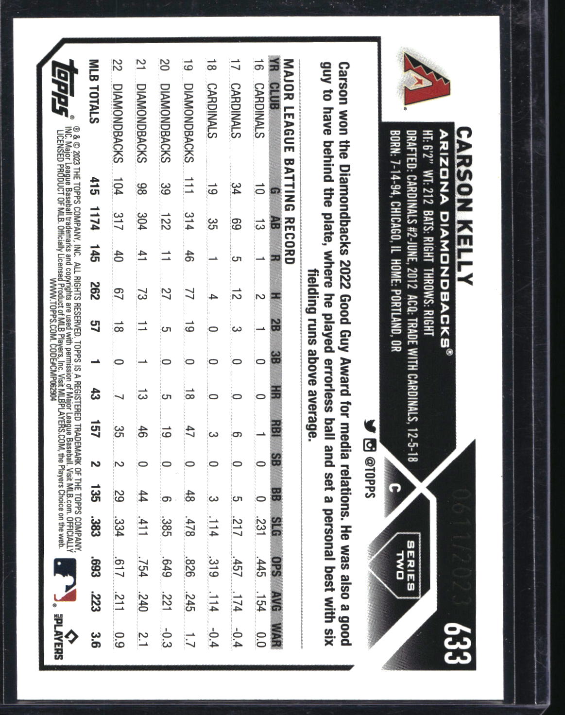 2023 Topps #633 Carson Kelly Gold #/2023