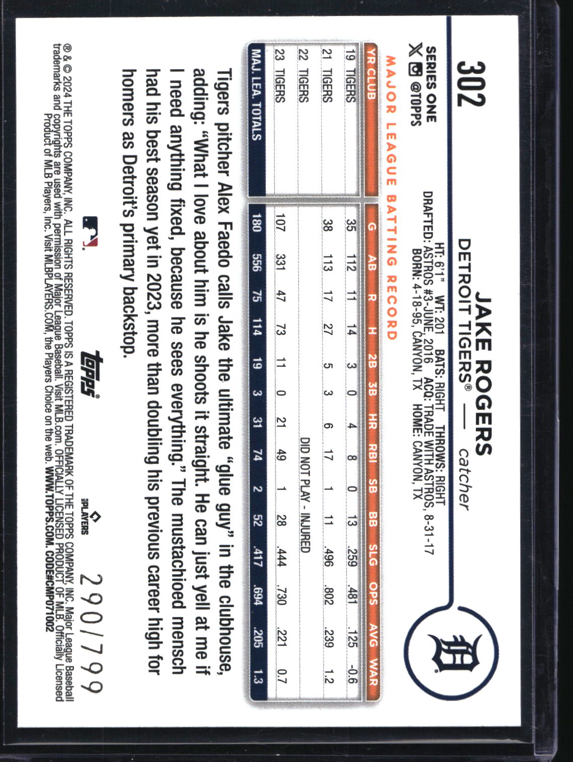 2024 Topps #302 Jake Rogers Purple Holofoil #/799