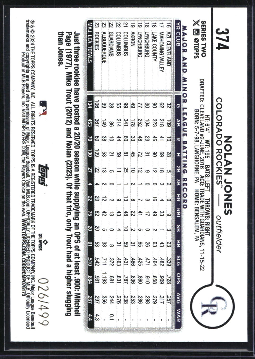 2024 Topps #374 Nolan Jones Green Crackle Foil #/499