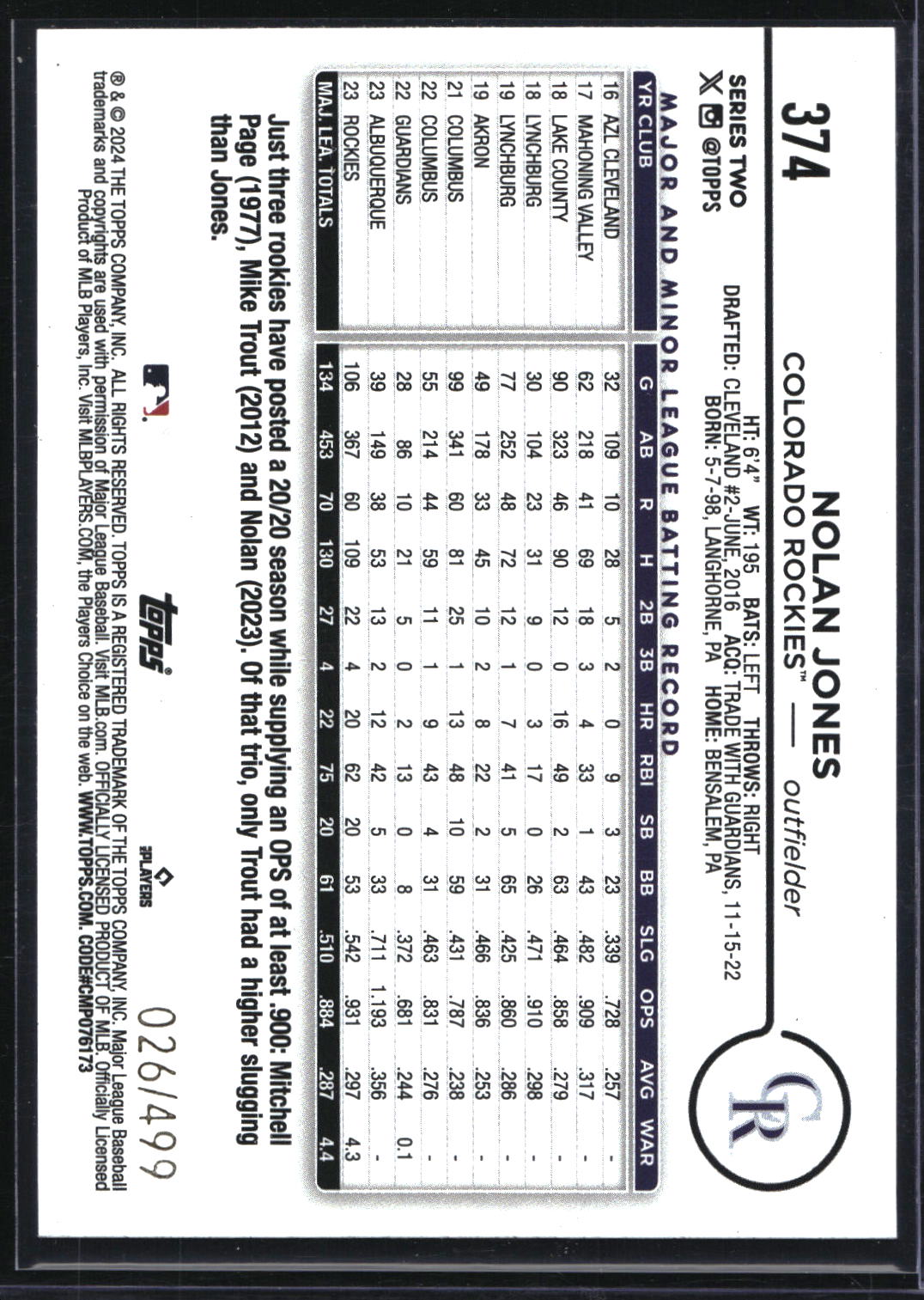 2024 Topps #374 Nolan Jones Green Crackle Foil #/499