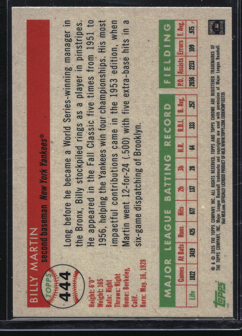 2025 Topps Chrome Platinum #444 Billy Martin Purple Vibrations Refractors #/250