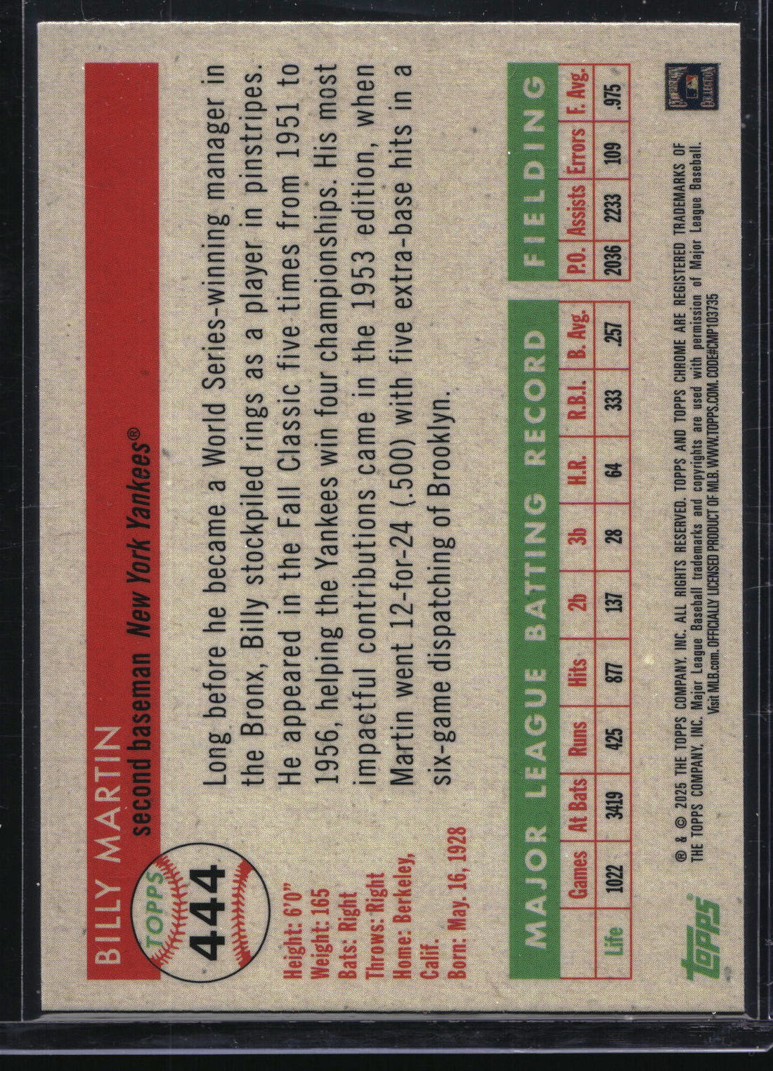 2025 Topps Chrome Platinum #444 Billy Martin Purple Vibrations Refractors #/250