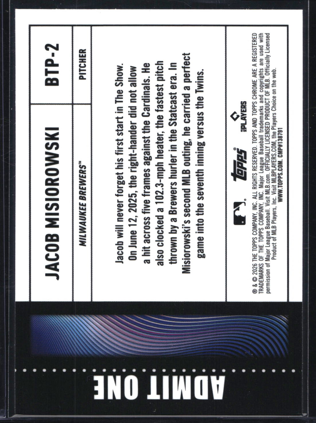 2026 Topps Chrome #BTP-2 Jacob Misiorowski Big Ticket Players