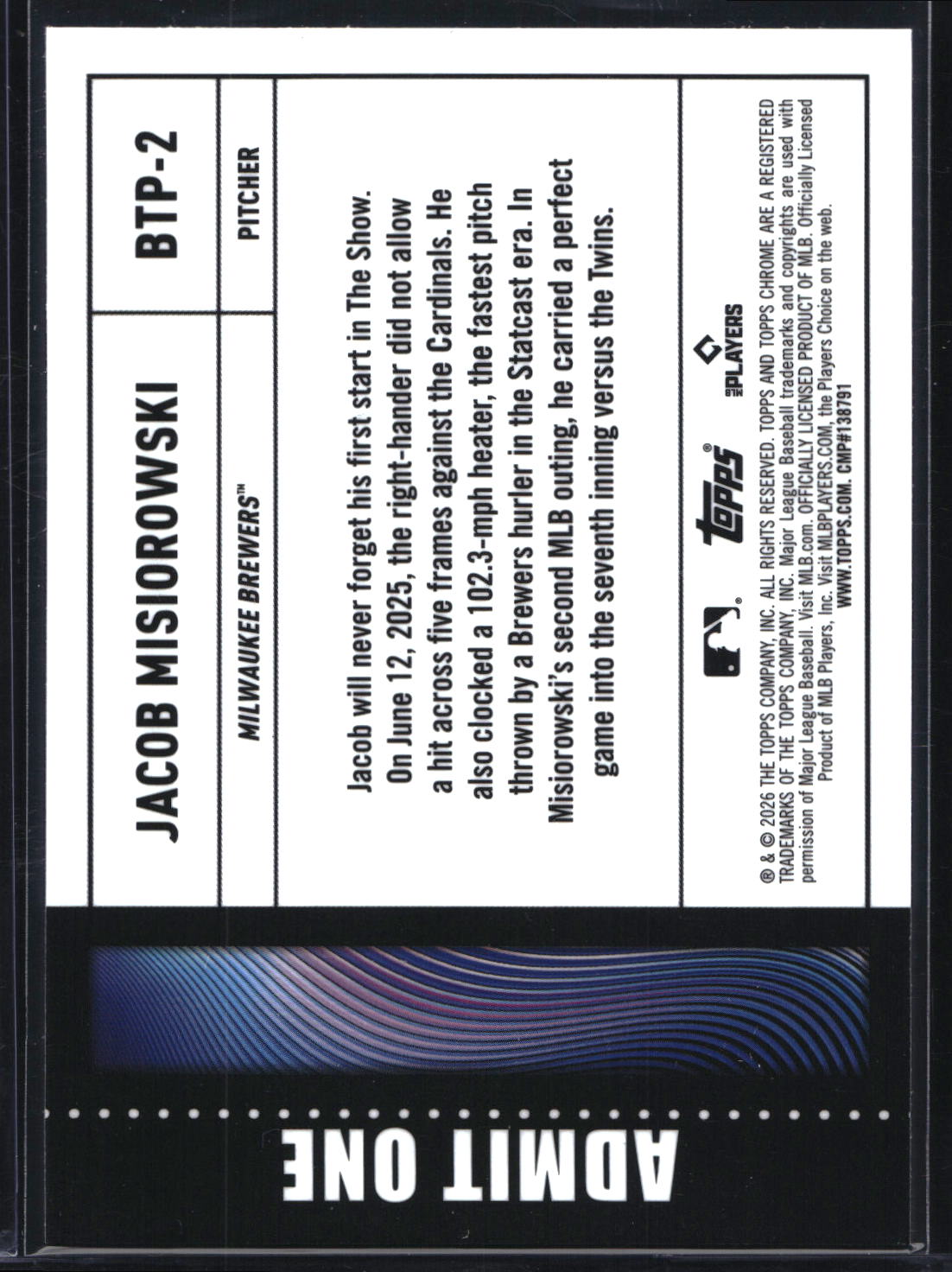 2026 Topps Chrome #BTP-2 Jacob Misiorowski Big Ticket Players