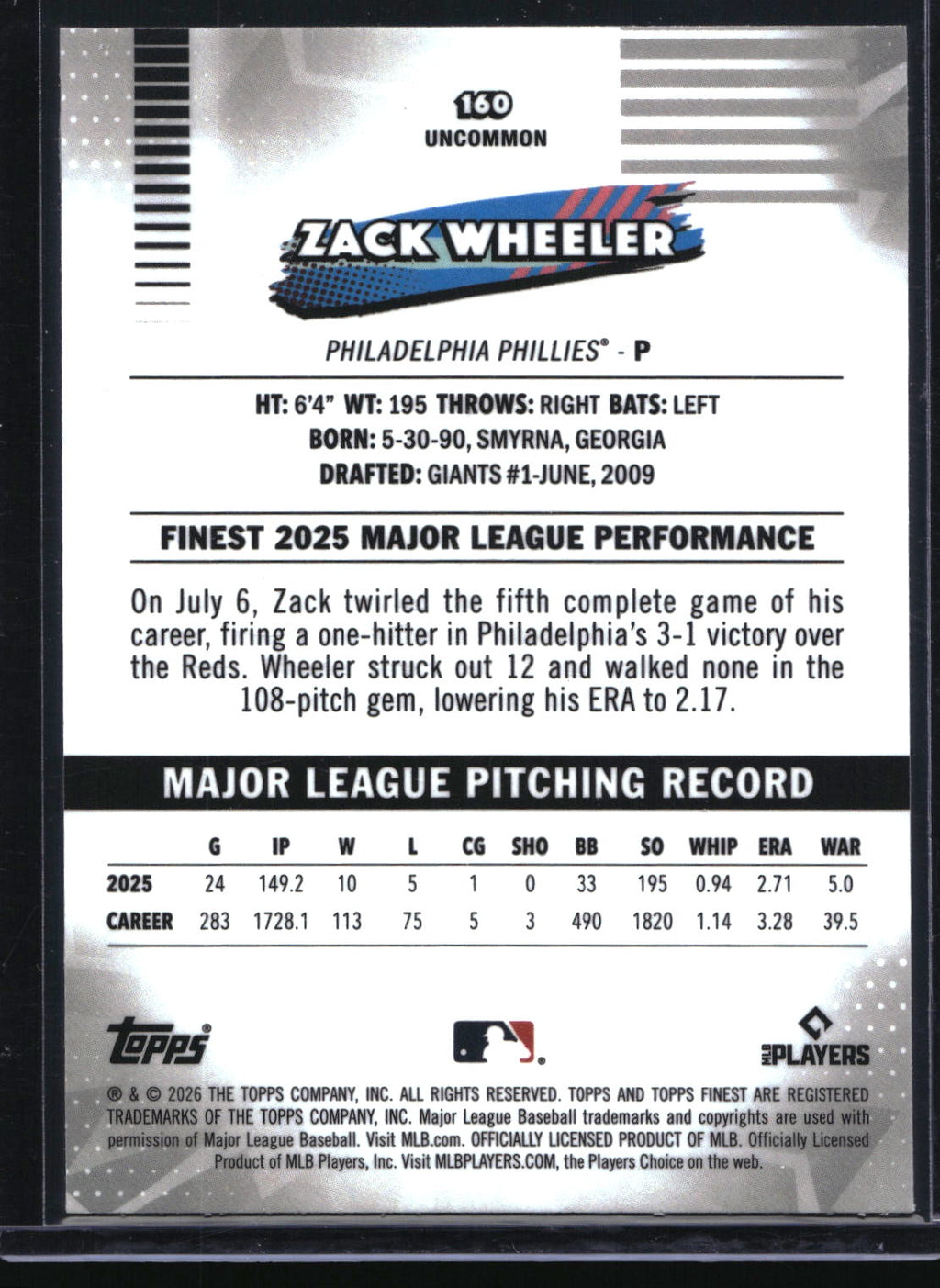 2026 Finest #160 Zack Wheeler Blue Refractor #/150