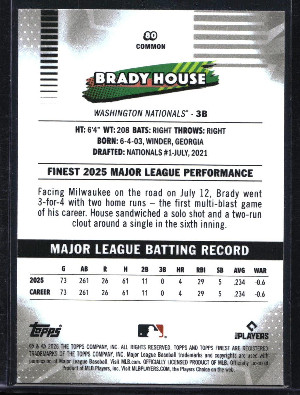 2026 Finest #80 Brady House Green Refractor #/99