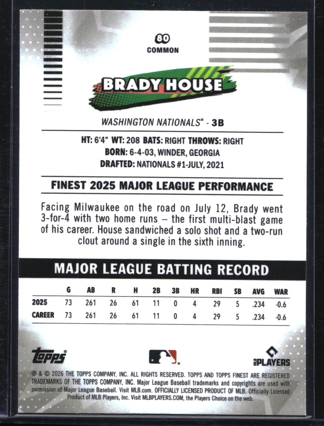 2026 Finest #80 Brady House Green Refractor #/99