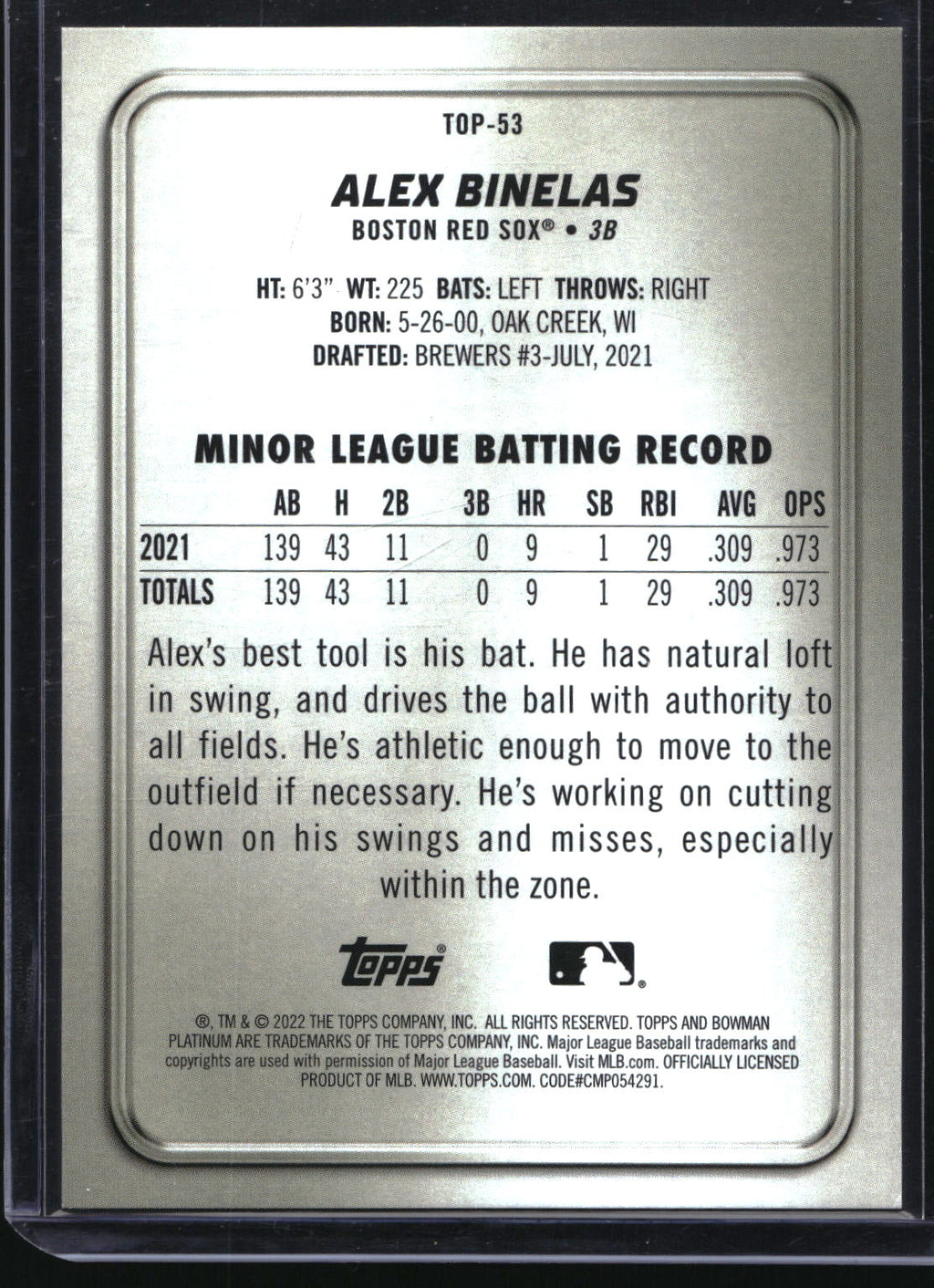 2022 Bowman Platinum #TOP-53 Alex Binelas Top Prospects Green Icy Foil #/99
