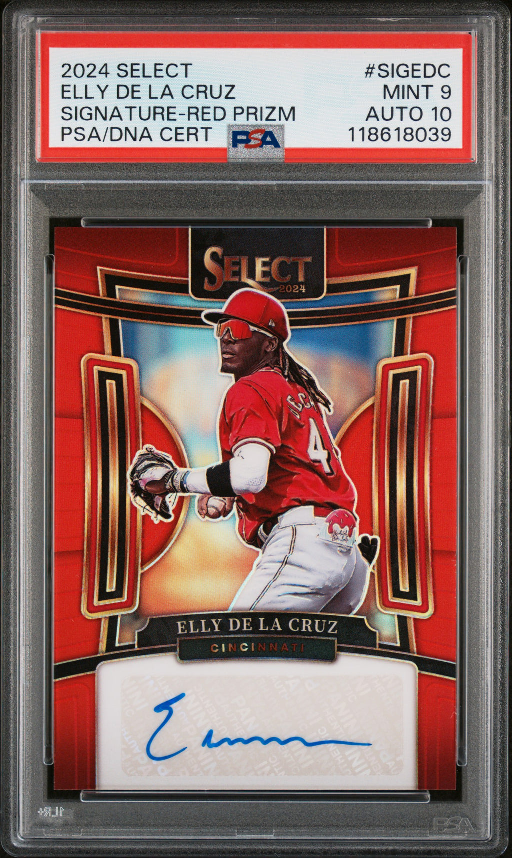 2024 Panini Select Signatures #SIGEDC Elly De La Cruz Signature-Red Prizm PSA 9
