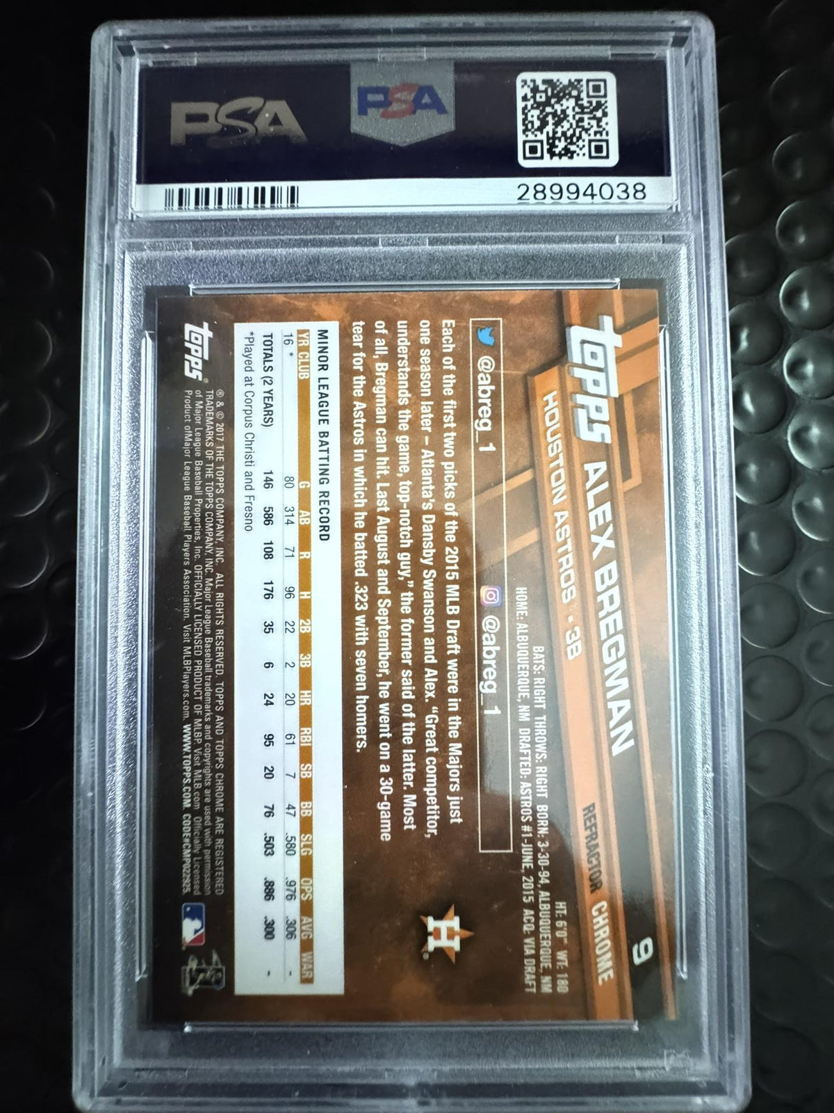 2017 Topps Chrome #9 Alex Bregman Pink Refractor PSA 10