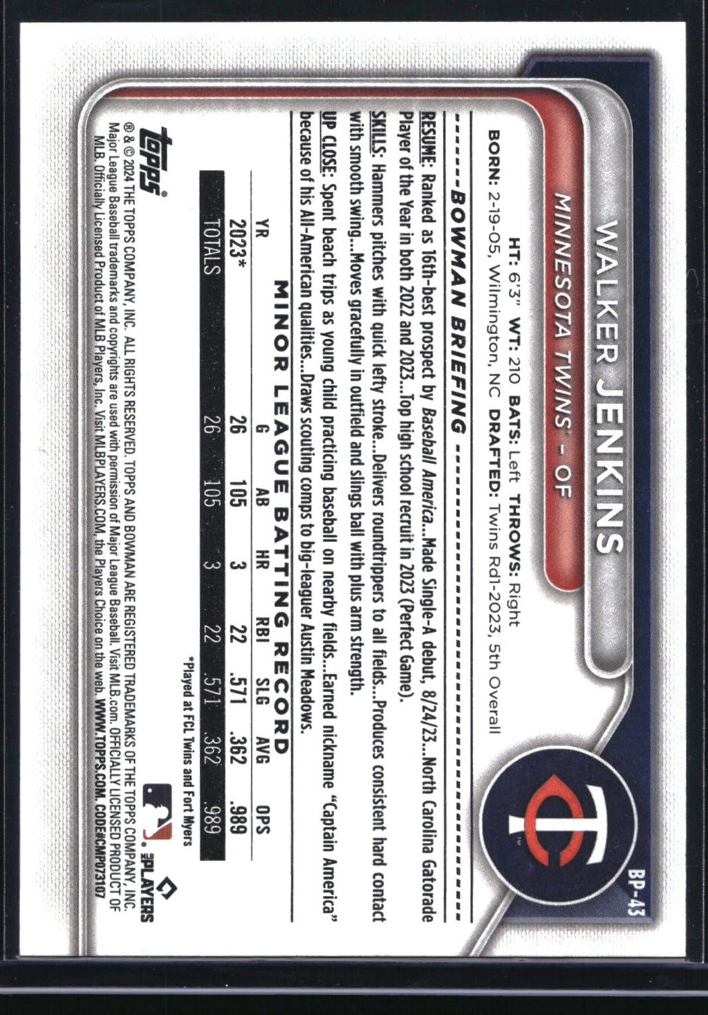 2024 Bowman #BP-43 Walker Jenkins Prospects