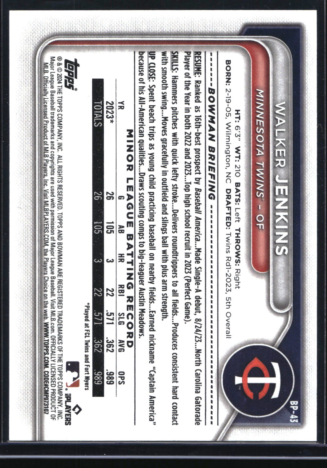 2024 Bowman #BP-43 Walker Jenkins Prospects