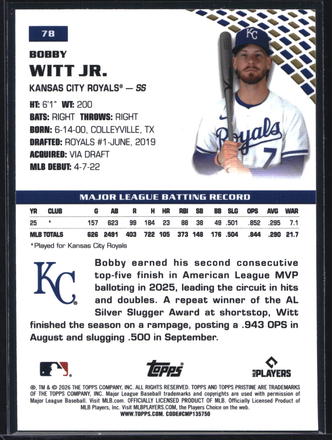 2026 Topps Pristine #78 Bobby Witt Jr. Paint the Corners Refractor