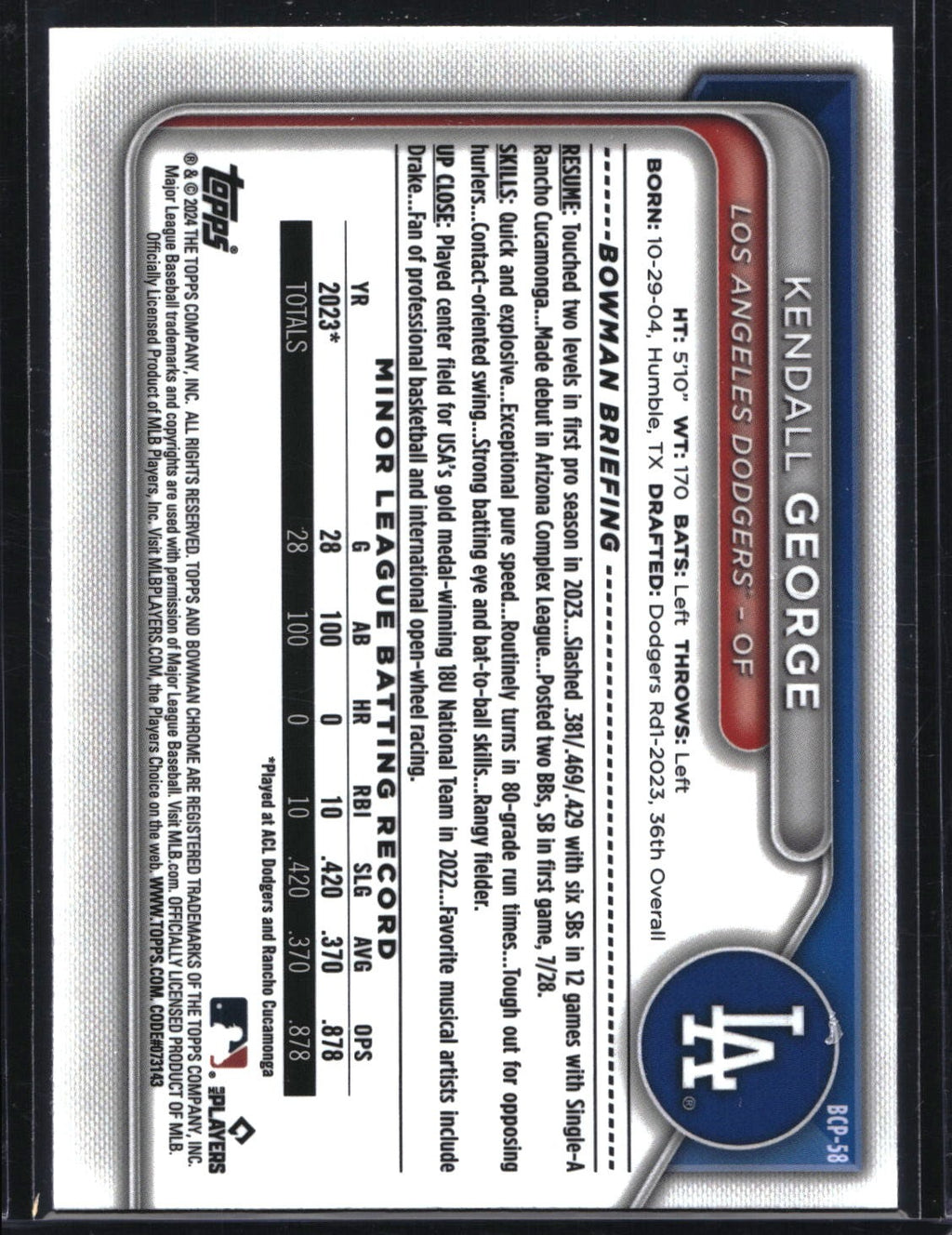 2024 Bowman #BP-58 Kendall George Prospects