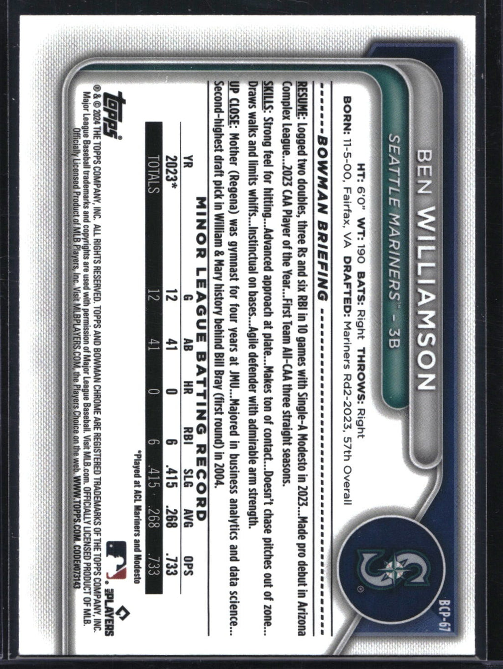 2024 Bowman #BCP-67 Ben Williamson Chrome Prospects Lunar Glow Refractor