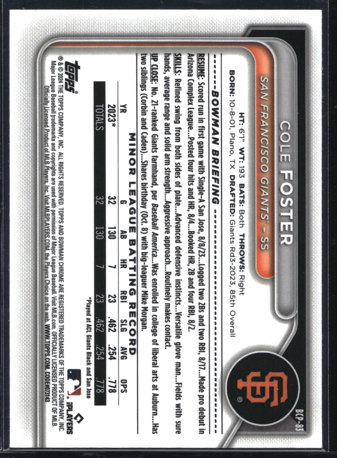 2024 Bowman #BCP-83 Cole Foster Chrome Prospects Lunar Glow Refractor