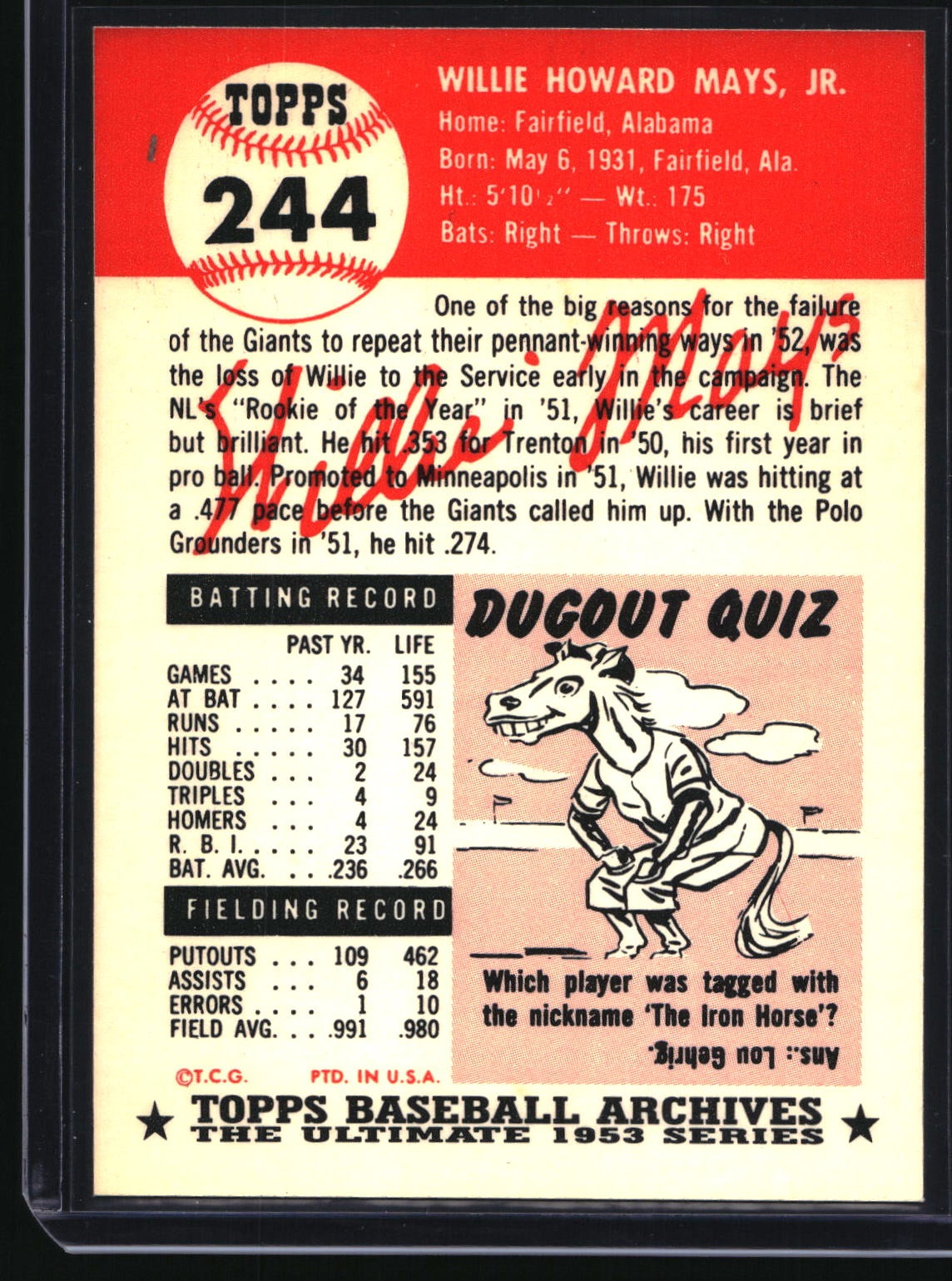 1991 Topps Archives 1953 #244 Willie Mays
