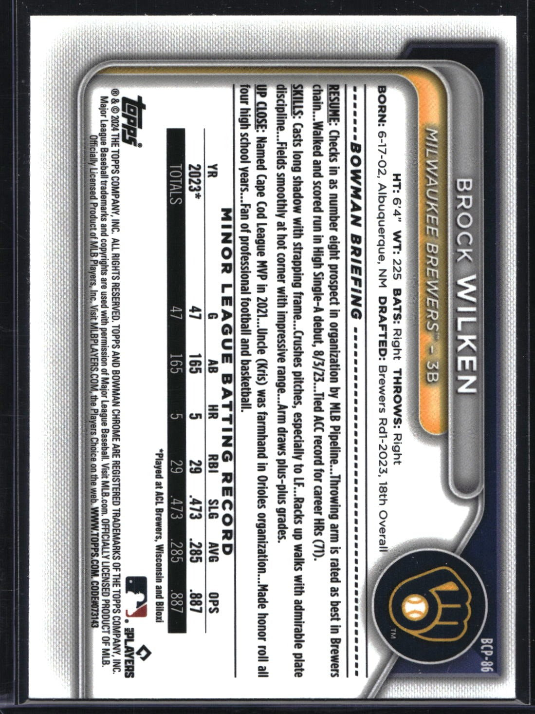 2024 Bowman #BCP-86 Brock Wilken Chrome Prospects Lunar Glow Refractor