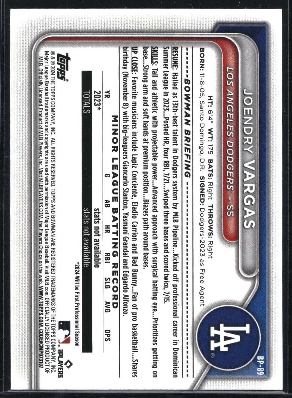 2024 Bowman #BP-89 Joendry Vargas Prospects Green #/99