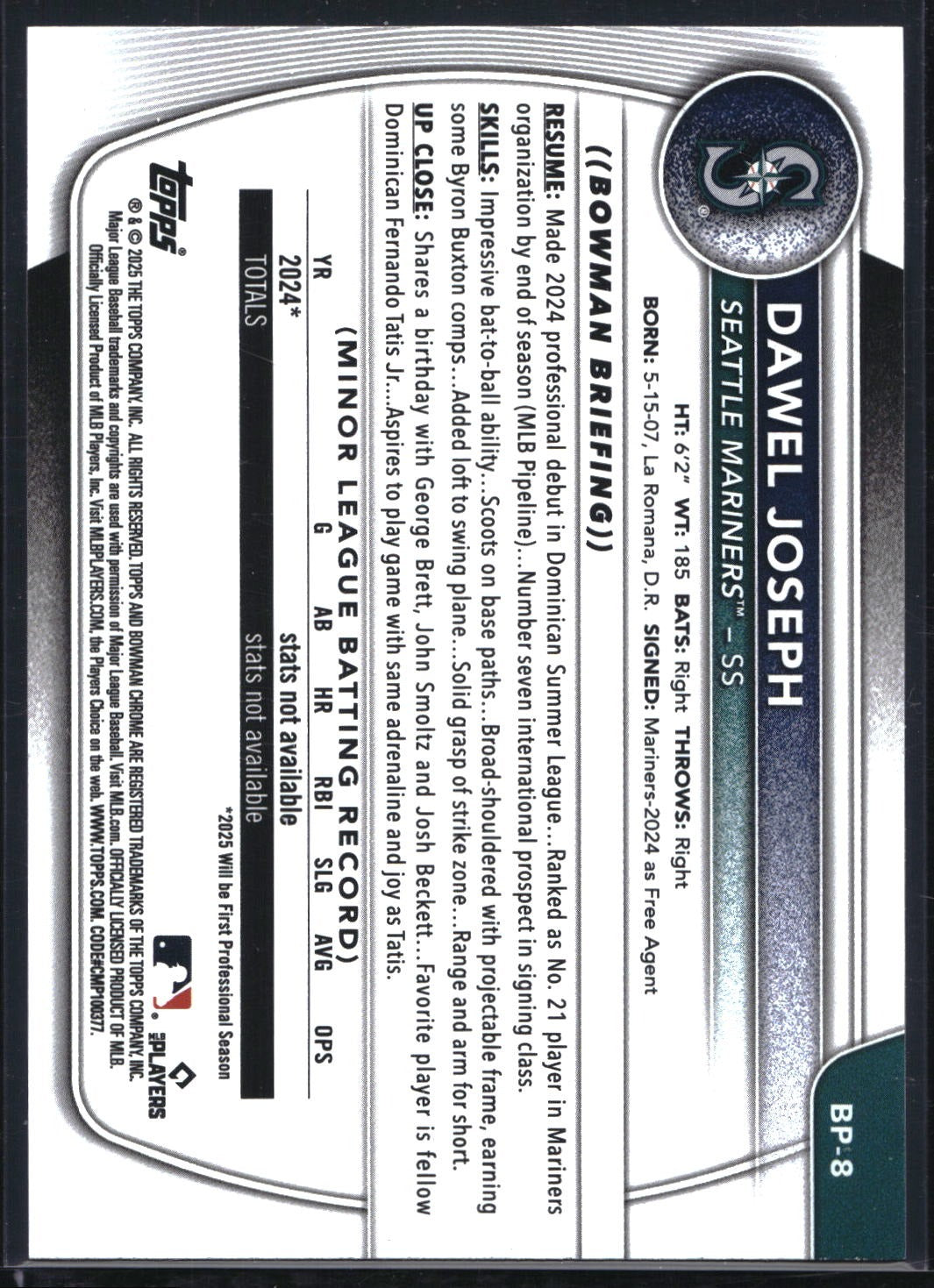 2025 Bowman #BP-8 Dawel Joseph Prospects Fuchsia #/299