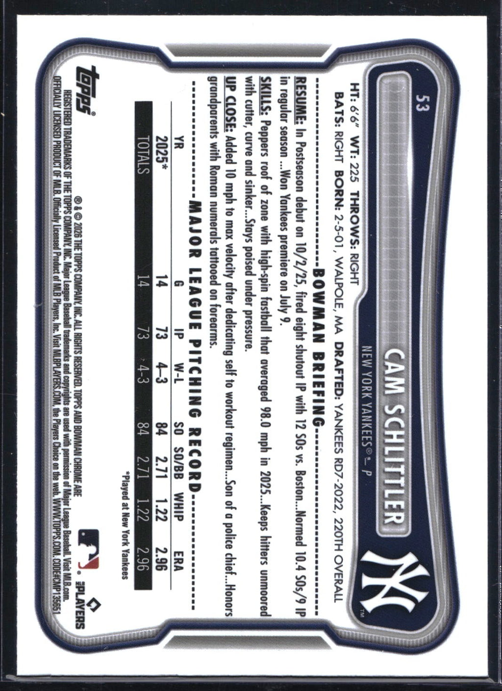 2026 Bowman #53 Cam Schlittler Chrome Mojo Refractor